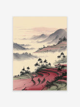 Asian landscape art print depicting red rice terraces, misty mountains, and palm trees with traditional houses.