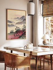 Asian landscape art print depicting red rice terraces, misty mountains, and palm trees with traditional houses. - Image 2