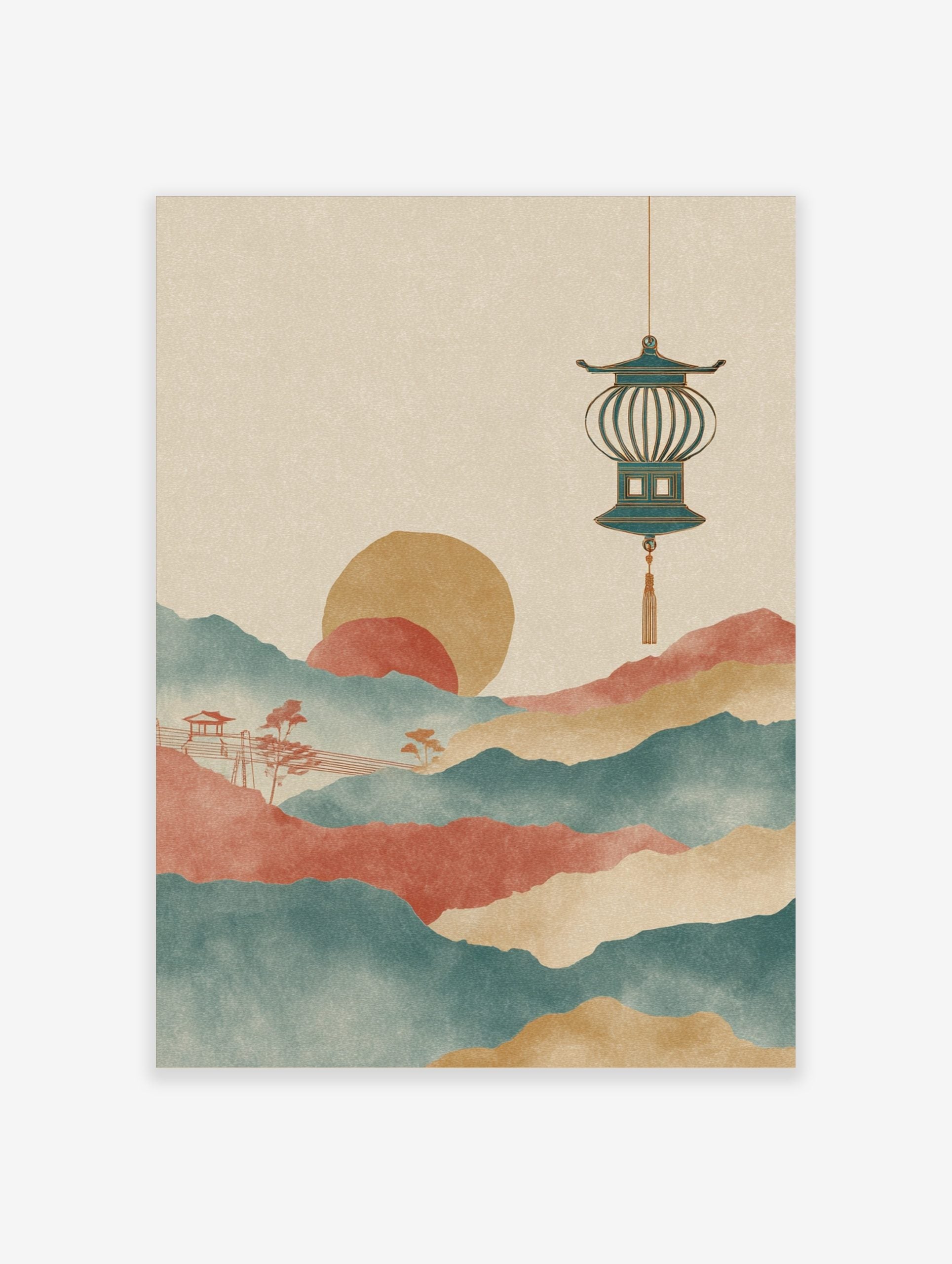 Stylised Asian landscape art print with layered teal and red mountains, golden sun, and hanging lantern