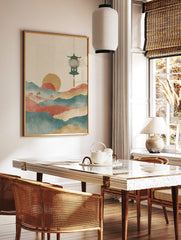 Stylised Asian landscape art print with layered teal and red mountains, golden sun, and hanging, in a styled room mockup