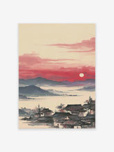 Traditional Asian Landscape Wall Art featuring a village with dark roofs by misty waters, mountains, and a red sunset with a white sun.