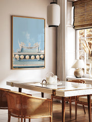 Asian temple roof poster with intricate teal tiles, gold dragon sculptures, and cream lanterns against a light blue sky. - Image 2