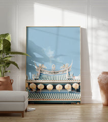 Asian temple roof poster with intricate teal tiles, gold dragon sculptures, and cream lanterns against a light blue sky. - Image 3