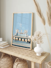 Asian temple roof poster with intricate teal tiles, gold dragon sculptures, and cream lanterns against a light blue sky. - Image 4