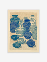 Traditional Asian vase wall art print with blue and white ceramic pottery collection featuring dragons and floral patterns.