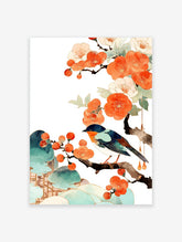 Watercolor illustration of a blue bird on a branch with orange plum blossoms and green leaves, in traditional Asian wall art style.
