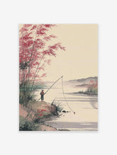 Traditional Asian landscape painting of a person fishing by a river with red bamboo and green reeds.