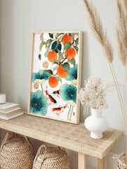 Asian wall art with orange persimmons, green leaves, blue lotus pads, and colorful koi fish swimming on white background. - Image 3