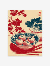 Asian wall art print with red fruit in a blue bowl, red floral branches, blue potted plant, and chopsticks on a cream background.