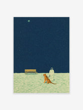 Illustrative print of astronaut on leash with tiger, wooden bench, dark blue starry sky, and distant moon