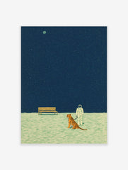 Illustrative print of astronaut on leash with tiger, wooden bench, dark blue starry sky, and distant moon