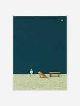 Illustrative print of an astronaut walking a tiger on a leash under a dark, starry sky with a moon