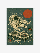 Astronaut in cream suit floating in space reaching toward DJ mixer with turntables, vinyl records, red planet, dark green