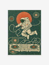 Astronaut DJ wall art with turntables, vinyl records, and orange planet in retro space illustration style