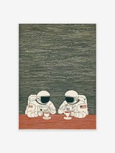 Illustration of two astronauts in white suits sitting at a red table, drinking coffee against a dark green patterned background.
