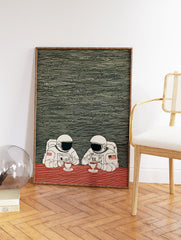 Illustration of two astronauts in white suits sitting at a red table, drinking coffee against a dark green patterned background. - Image 2