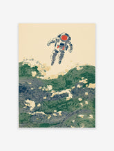 Japanese Ukiyo-e style astronaut wall art floating above green and blue ocean waves with red accents.