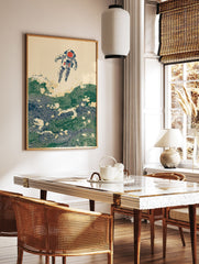 Japanese Ukiyo-e style astronaut wall art floating above green and blue ocean waves with red accents. - Image 3