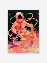 Astronaut in white suit with orange and pink ribbons on black starry background, expressive brushstrokes, wall art print