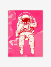 Illustrative astronaut in an off-white spacesuit with a reflective visor, floating against a hot pink background with