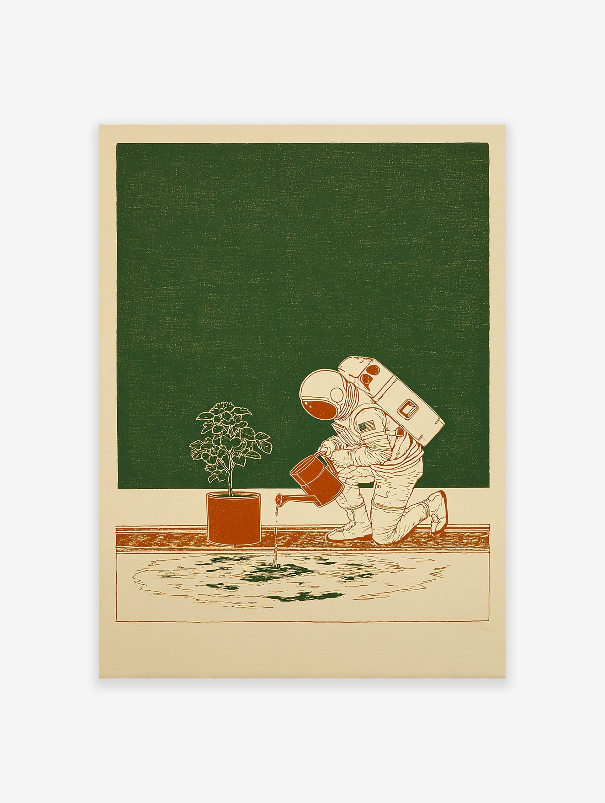 Astronaut wall art illustration showing an astronaut in a spacesuit watering a small potted plant on a beige floor.