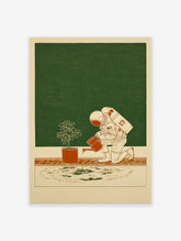 Astronaut wall art illustration showing an astronaut in a spacesuit watering a small potted plant on a beige floor.