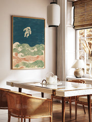 Astronaut Ukiyo-e wall art print with a floating astronaut above traditional Japanese green and red ocean waves. - Image 3