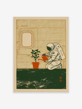 Astronaut in a space suit watering a small green plant in an orange pot inside a spaceship, modern illustration.