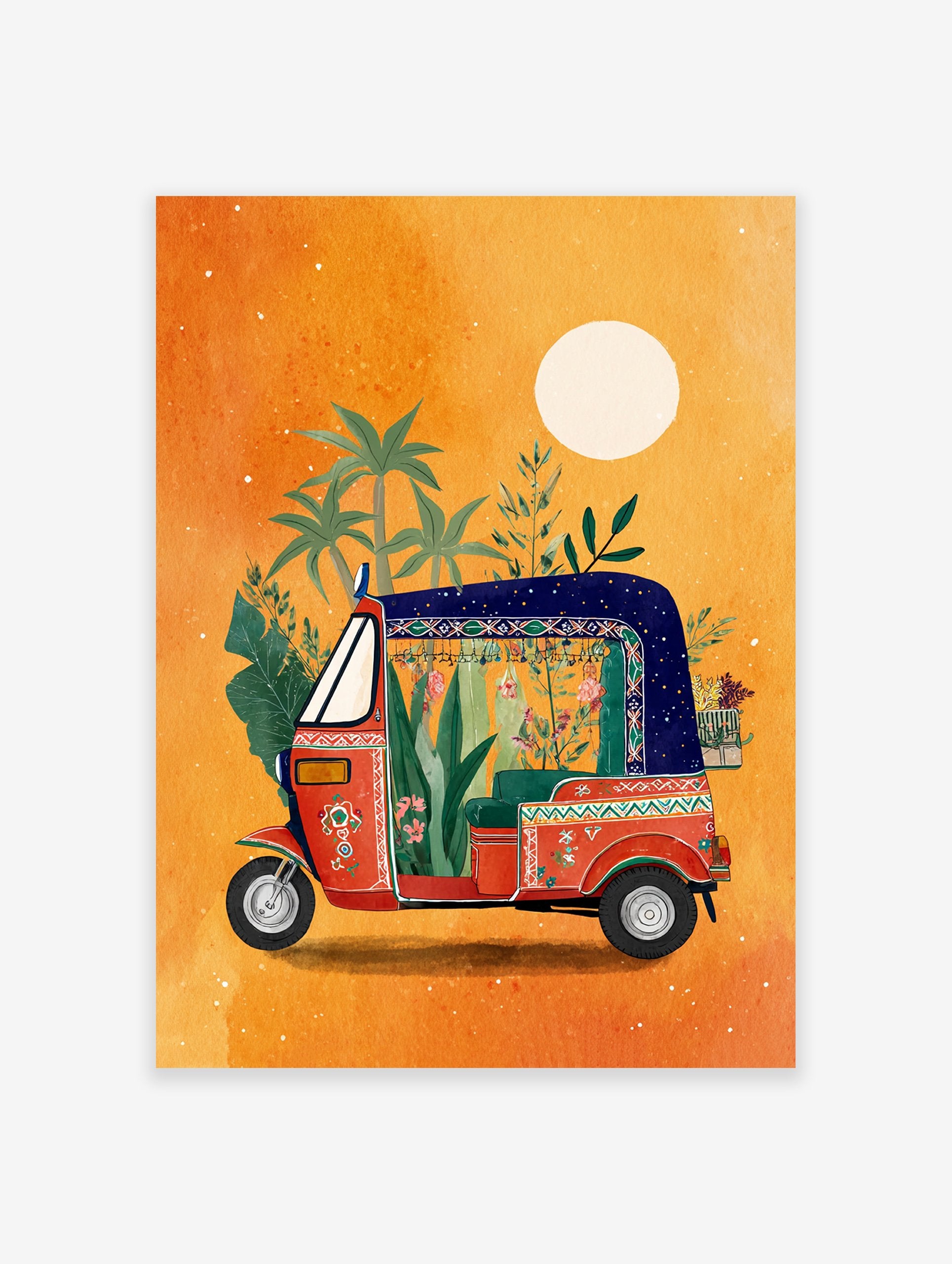 Vibrant auto rickshaw art print illustration with plants and flowers against an orange background with palm trees.