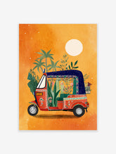 Vibrant auto rickshaw art print illustration with plants and flowers against an orange background with palm trees.