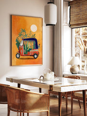 Vibrant auto rickshaw art print illustration with plants and flowers against an orange background with palm trees. - Image 3