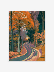 Illustrative autumn forest road print with orange trees and winding path