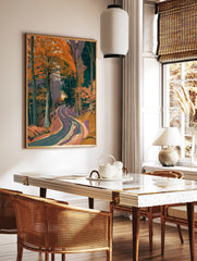 Illustrative autumn forest road print with orange trees and winding path, in a styled room mockup