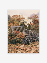 Watercolour style illustration of a garden bench surrounded by autumn chrysanthemums and fallen leaves on the ground