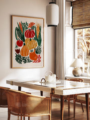 Autumn harvest poster with illustrative pumpkins, corn, eggplant, and apple in red, orange, and yellow tones. - Image 2
