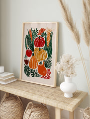 Autumn harvest poster with illustrative pumpkins, corn, eggplant, and apple in red, orange, and yellow tones. - Image 4