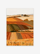 Autumn landscape wall art with rolling orange fields, a small white farmhouse, and hay bales in a painterly style