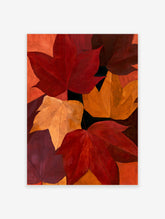 Autumn leaf wall art print with overlapping red, orange, and yellow maple leaves in an illustrative painterly style