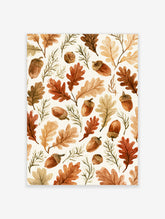 Botanical pattern of autumn oak leaves, acorns, and twigs in brown and orange tones on a cream background art print