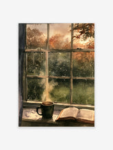 Watercolor painting of a steaming mug and open book on a windowsill looking out at rainy autumn trees
