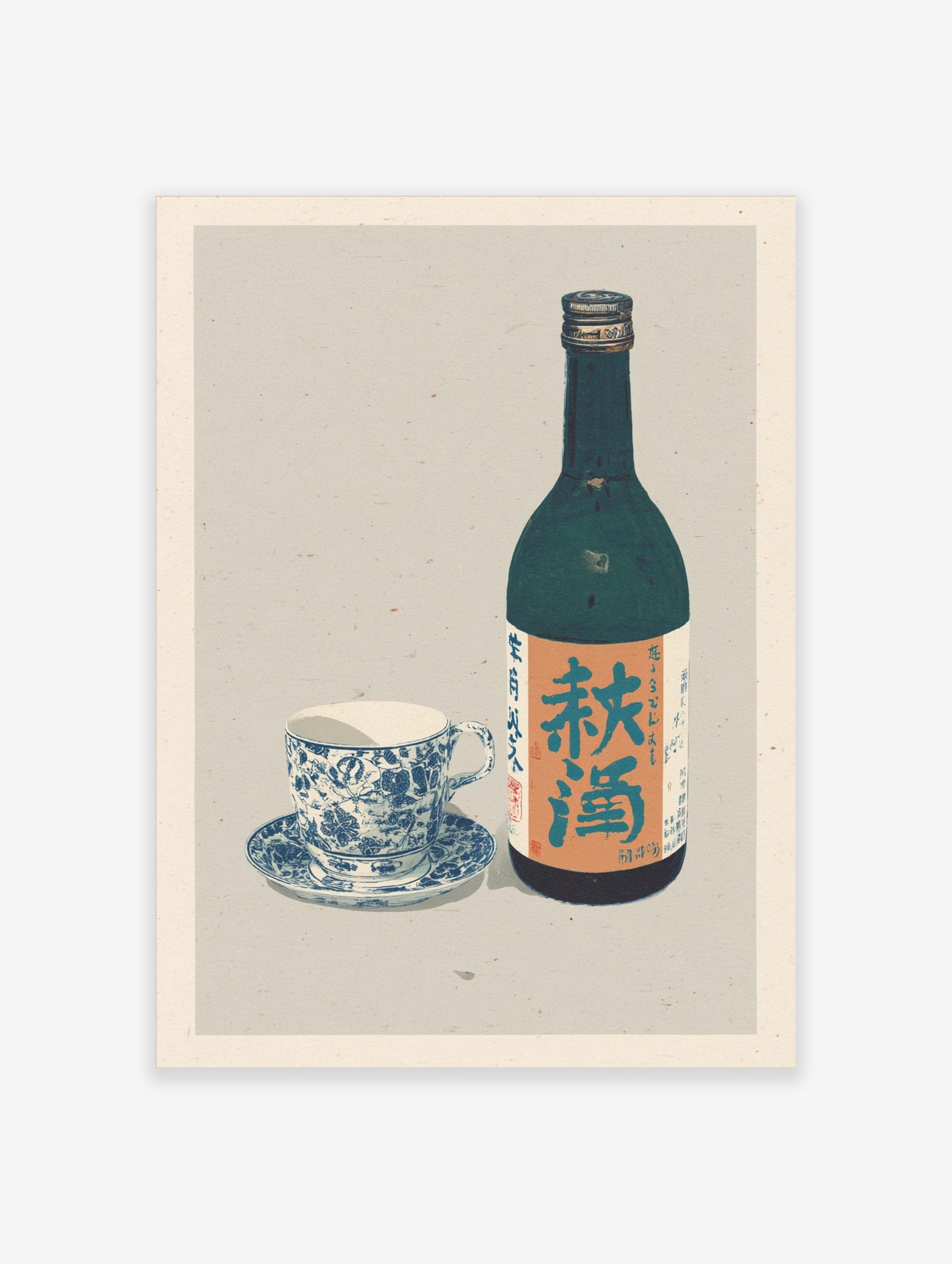 Japanese autumn sake bottle and blue patterned teacup still life art print