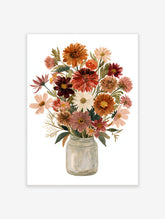 Watercolour-style autumnal flower bouquet in a glass jar, featuring orange, red, and pink petals on a white background