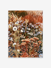 Autumnal wildflower meadow painting with white anemones and wild daisies in shades of rust, orange, and deep brown