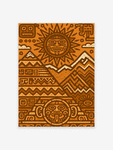 Aztec sun stone poster with central sun face, pyramids, and zigzag mountains in orange and brown