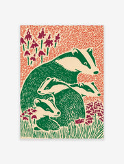 Illustrative print of an adult badger and three young badgers in green and off-white, surrounded by red texture and flowers