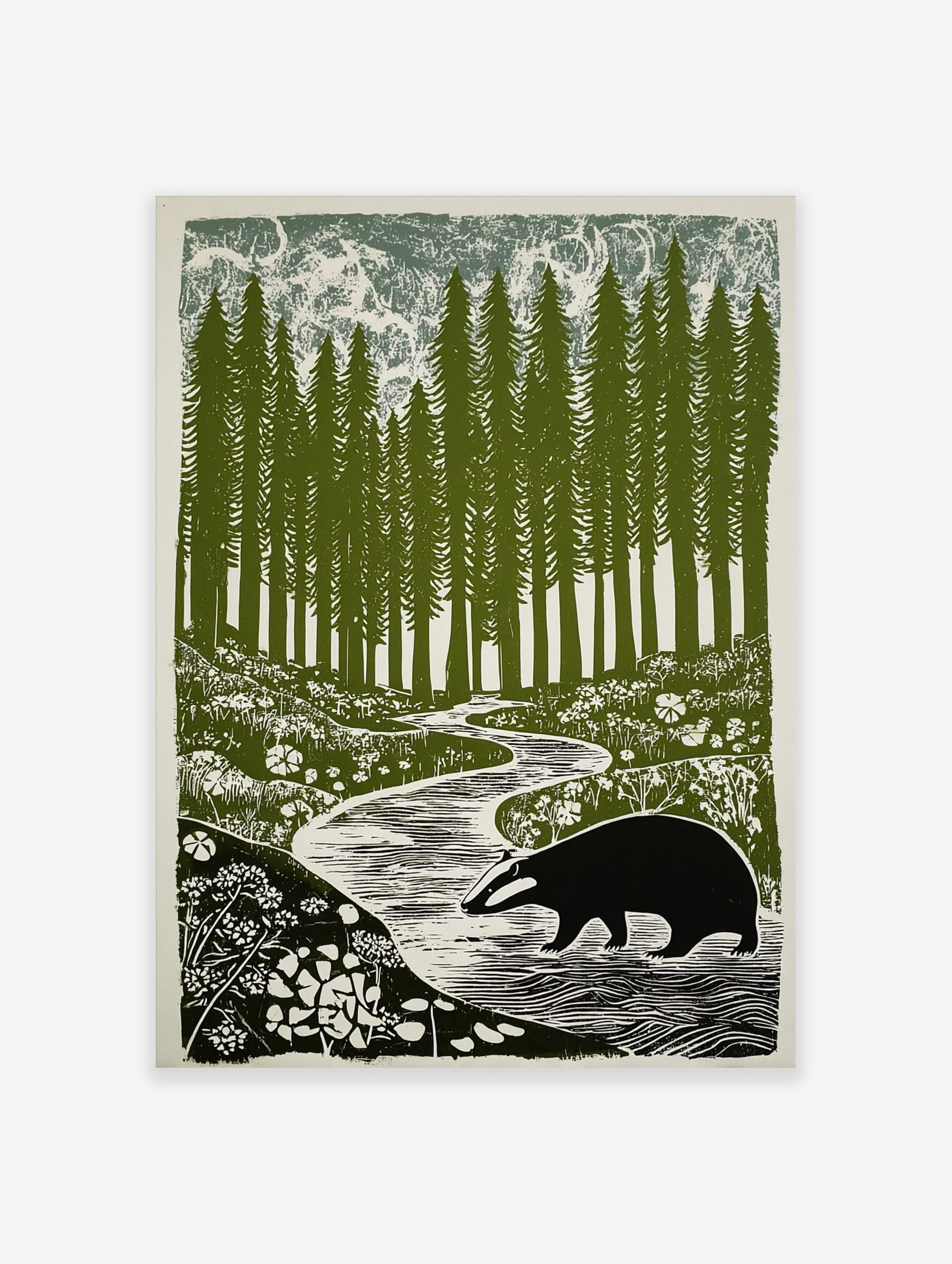 Illustrative print of a badger walking by a winding stream in a forest of tall green trees and white flowers