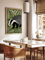 Illustrated badger art print in a forest with green foliage and white ferns, featuring a black and white badger. - Image 3