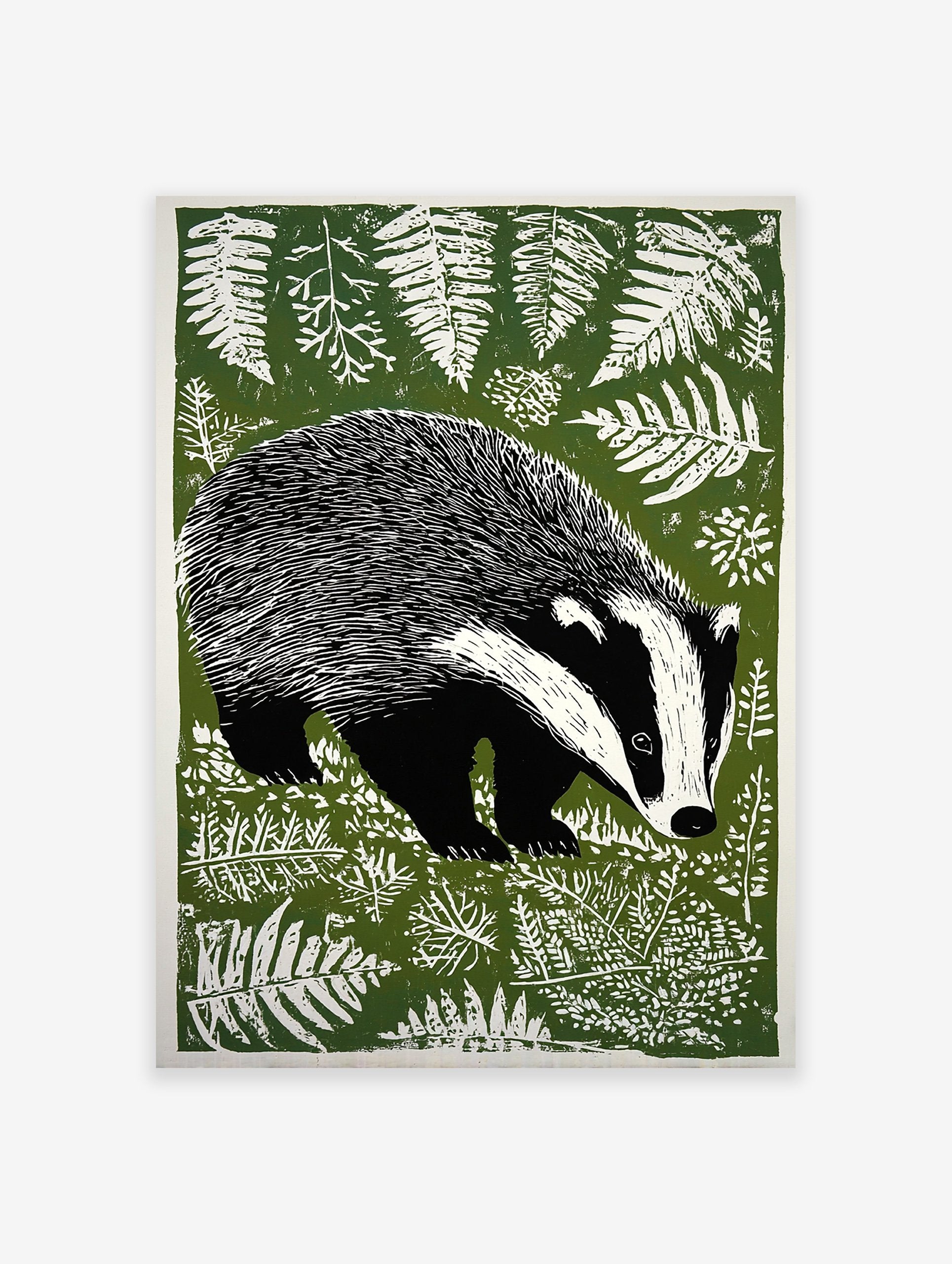 Green linocut style badger print amidst white ferns on a dark green background, woodland animal wall art.