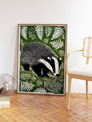 Green linocut style badger print amidst white ferns on a dark green background, woodland animal wall art. - Image 2