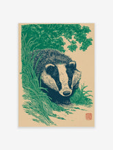 Illustrative green and beige badger animal art print emerging from foliage in a woodcut style